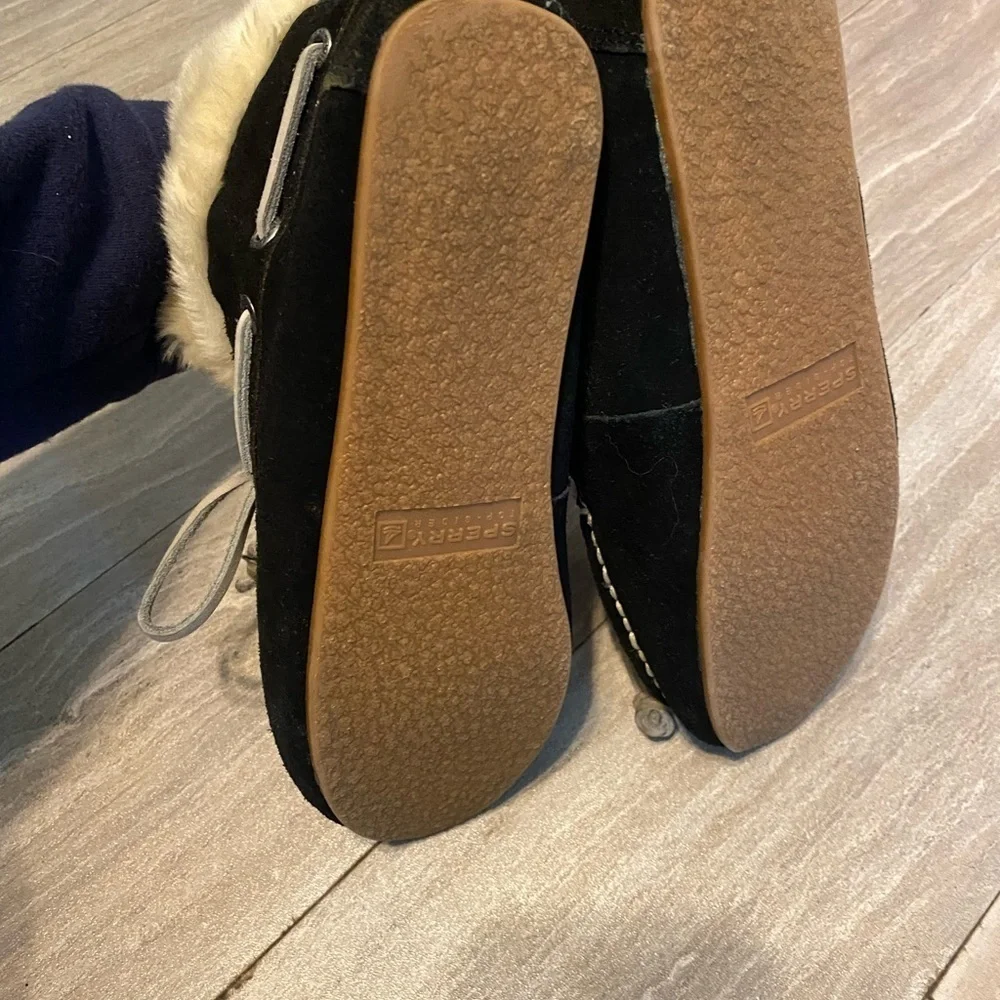 Sperry Top Sider Women Suede Moccasin Boots Black Faux Fur Booties Size 7